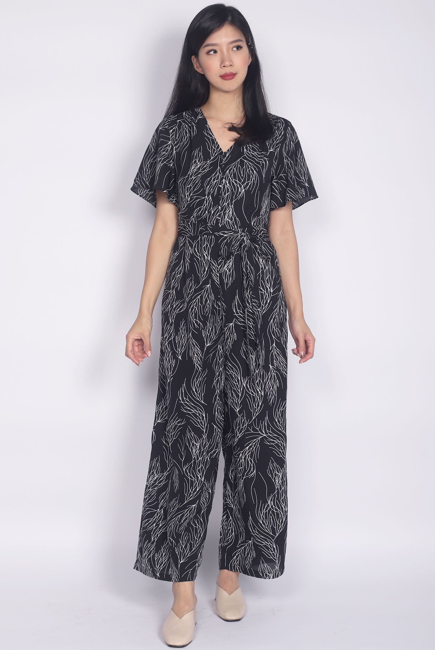 black flutter sleeve jumpsuit