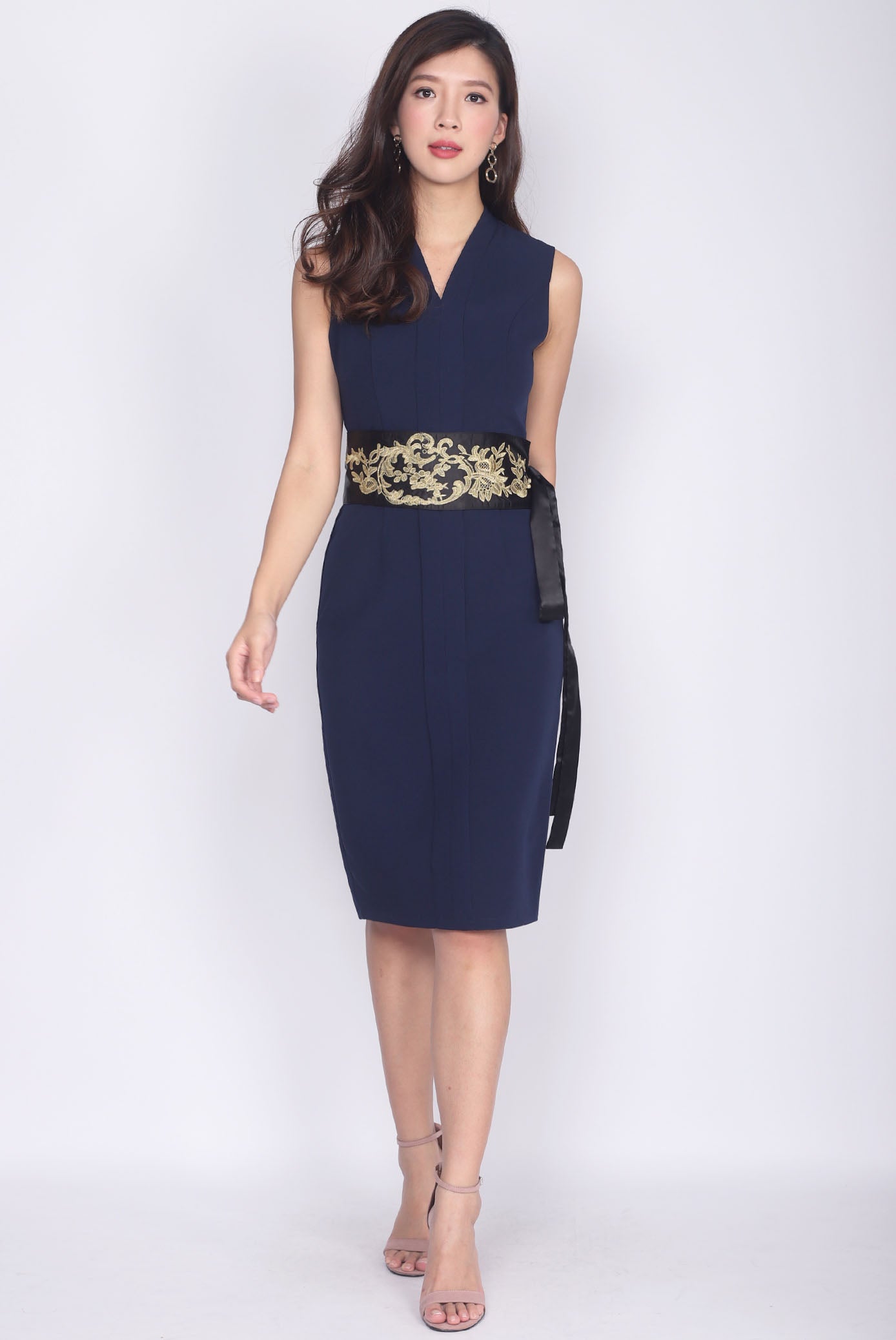 navy blue dress with belt