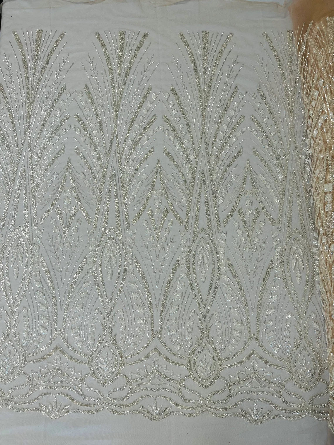 Geometric Beaded Fabric - Clear - Embroidered Beaded Geometric Shape Design Fabric By Yard