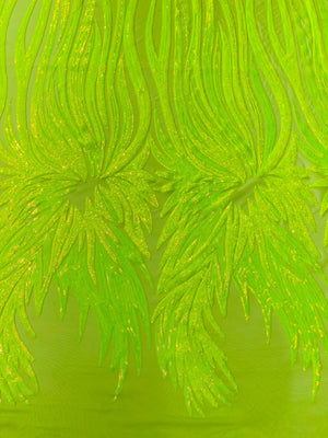 Wings Sequins Fabric - Lime Iridescent - Large Feather Wings 4 Way Stretch Sequins Design By Yard - Vip Textiles Inc 