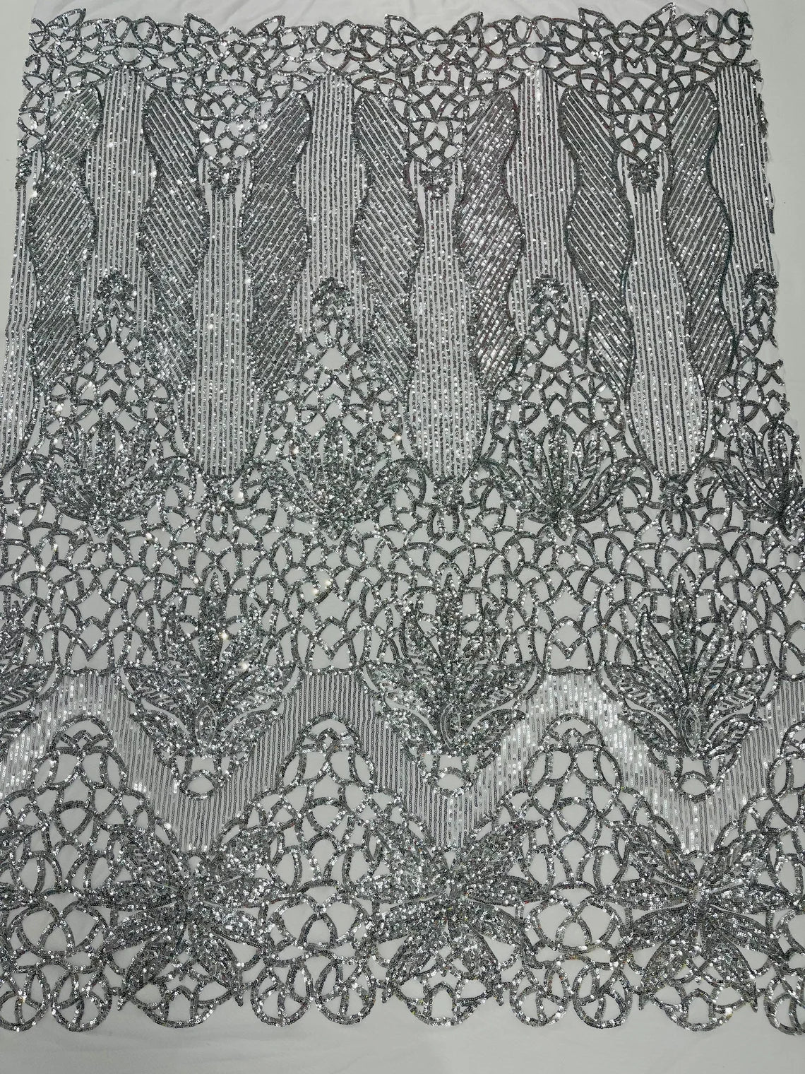 Gorgeous Star Leaf Fabric - Silver - Leaf Design Embroidered 4 Way Stretch Sequins Fabric By Yard