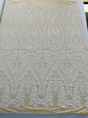 Big Damask 4 Way Sequins - White on Nude - Embroidered Damask Design Sequins Fabric Sold By Yard - Vip Textiles Inc 