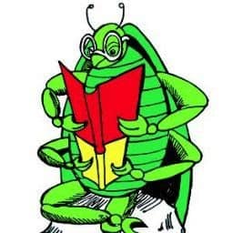 Junebug Books mascot, Junebug, reading a red and a yellow book