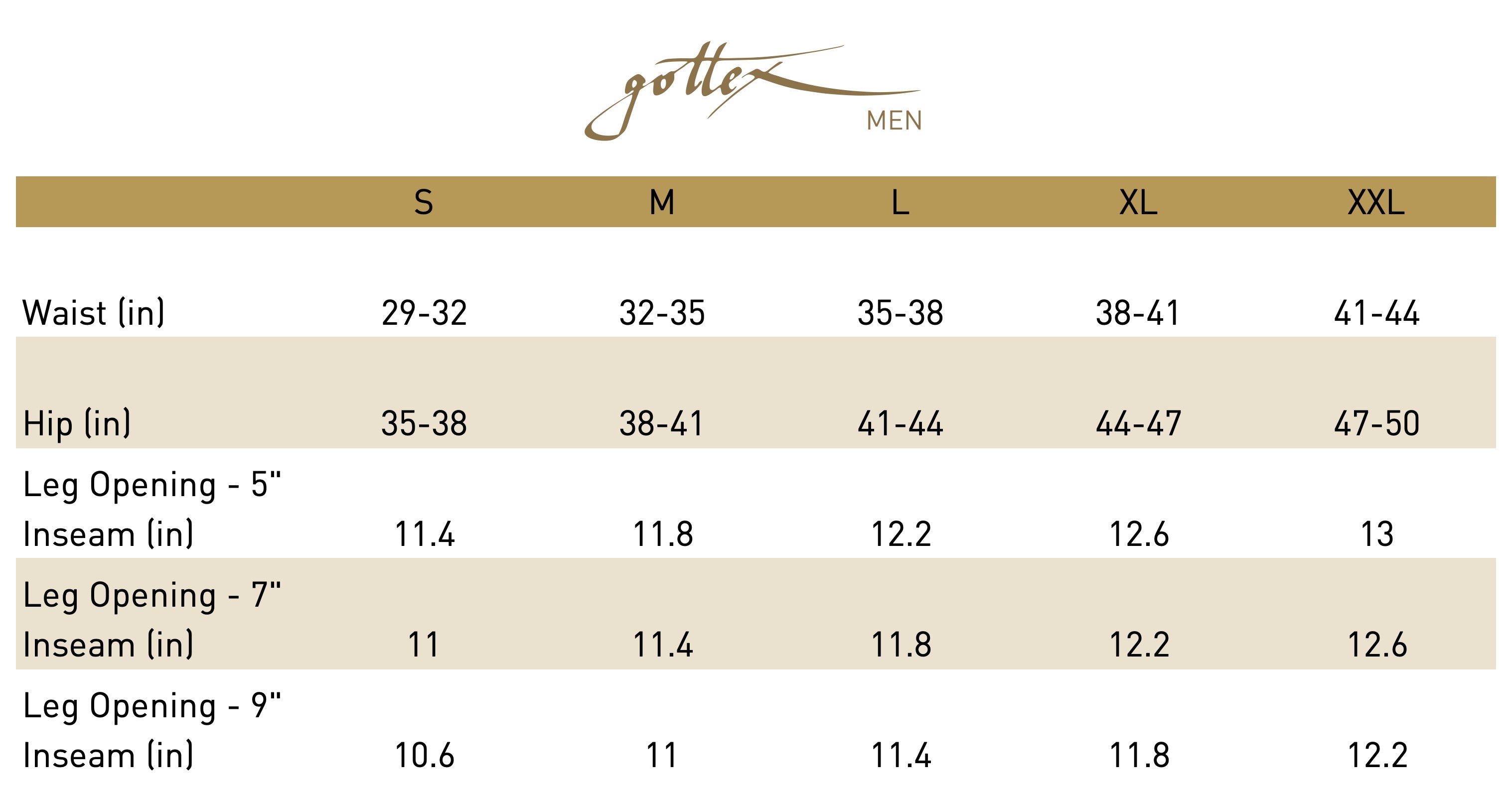 Gottex Men's Size Chart