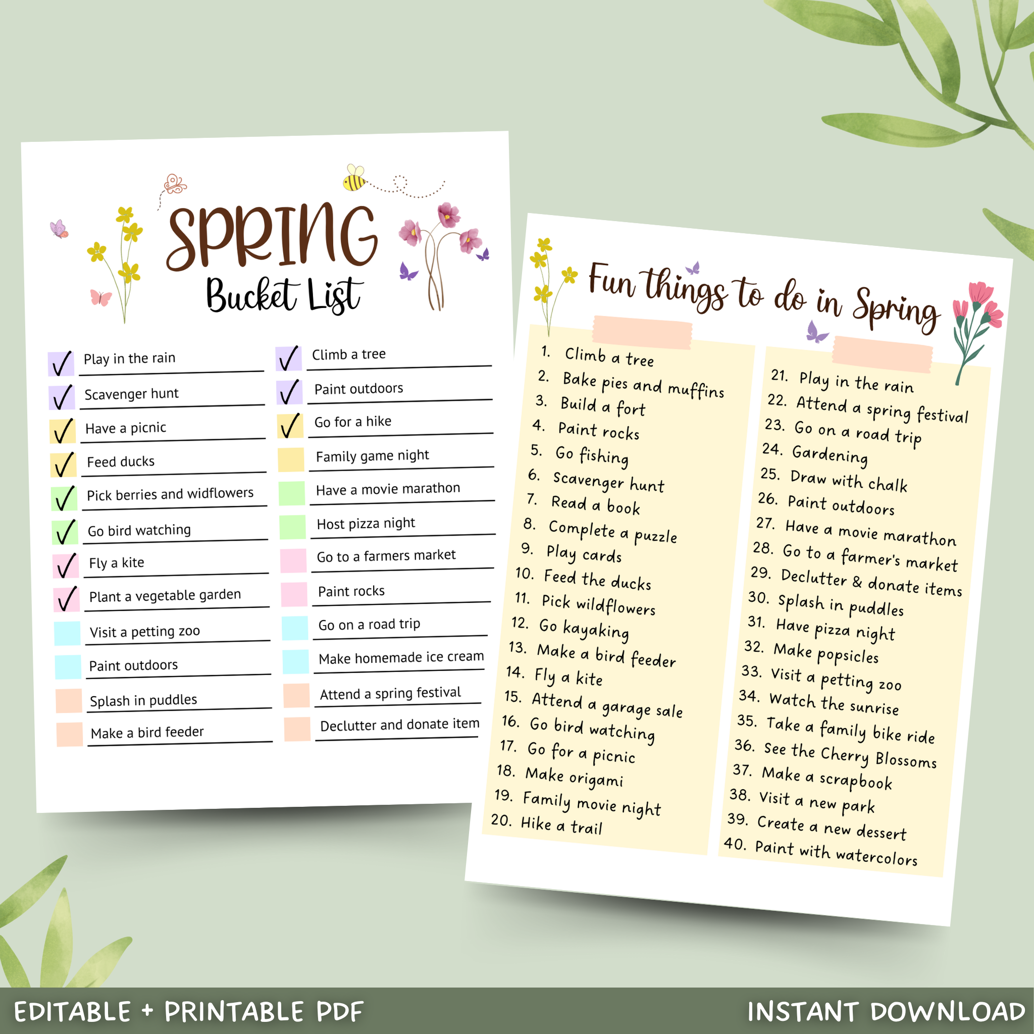Editable Spring Bucket List, Printable Spring Activities Kids & Adults
