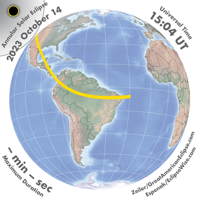 Animacion de la trayectoria del eclipse solar anular del 14 de octubre de 2023 en Mexico y Norte America