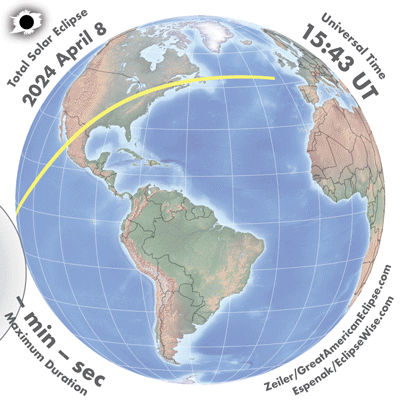 Animacion de la trayectoria del eclipse solar total el 8 de abril de 2024 en Mexico y Norte America GIF