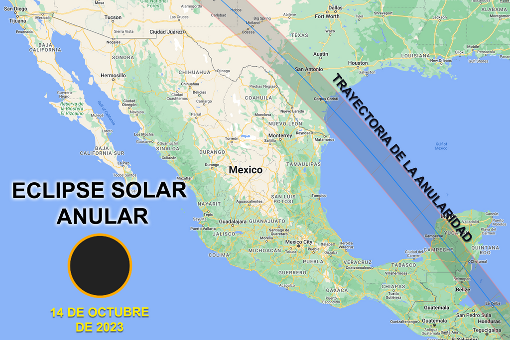 Mapa de la trayectoria del eclipse solar anular del 14 de octubre de 2023 en Mexico