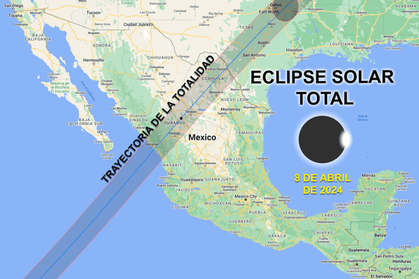 Mapa de la trayectoria del eclipse total del 8 de abril de 2024 en Mexico