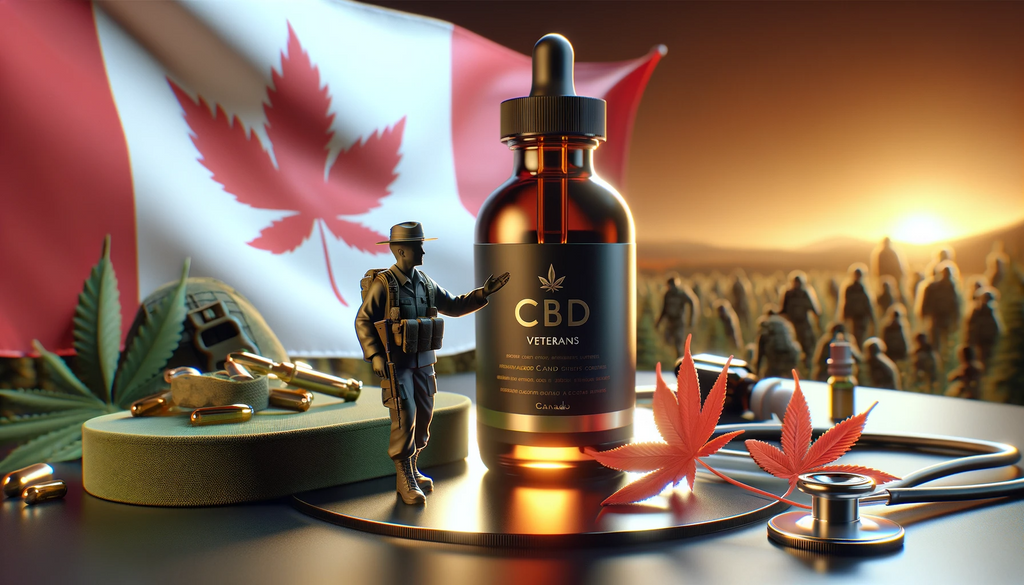 A Canadian veteran standing beside and point to a bottle of CBD oil