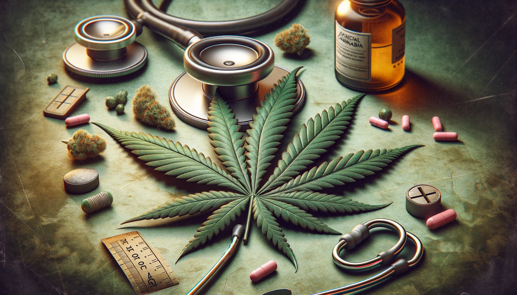 A cannabis leaf laying on a table surrounded by medical prescriptions and devices