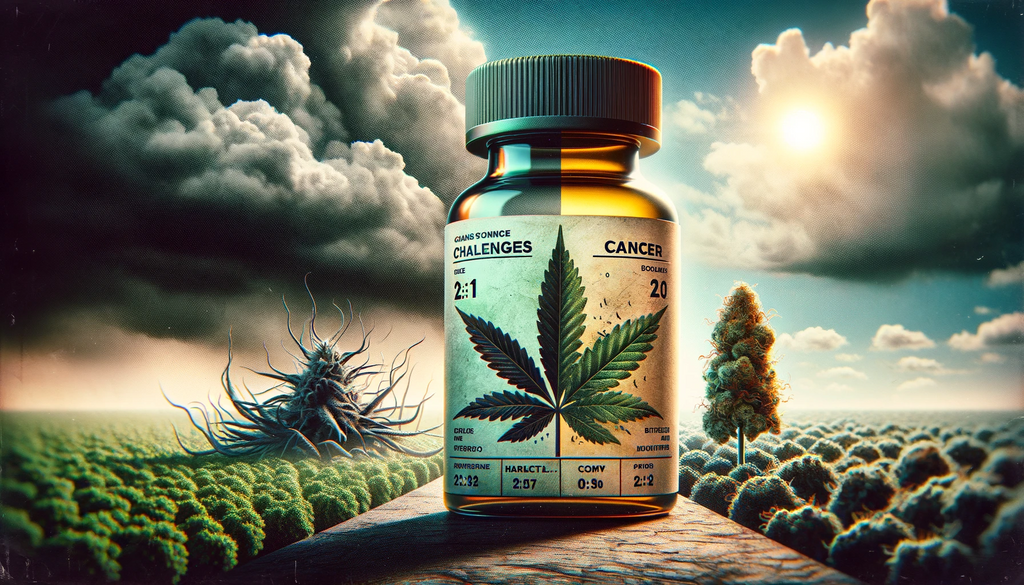 A giant medical bottle with a cannabis leaf on it. The bottle is on a road separated by a day and night theme