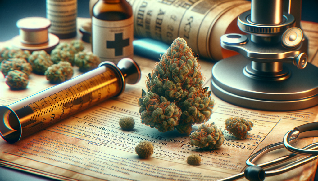 Cannabis flower sitting on medical documents surrounded by other retro cannabis related items