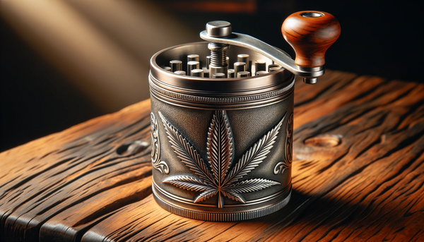 Retro metal grinder cannabis accessory on a wood table