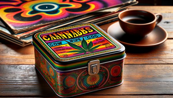 Retro metal storage cannabis accessory on a wood table