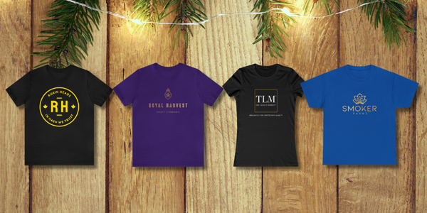 Cannabis Brand Shirts on a holiday themed Background