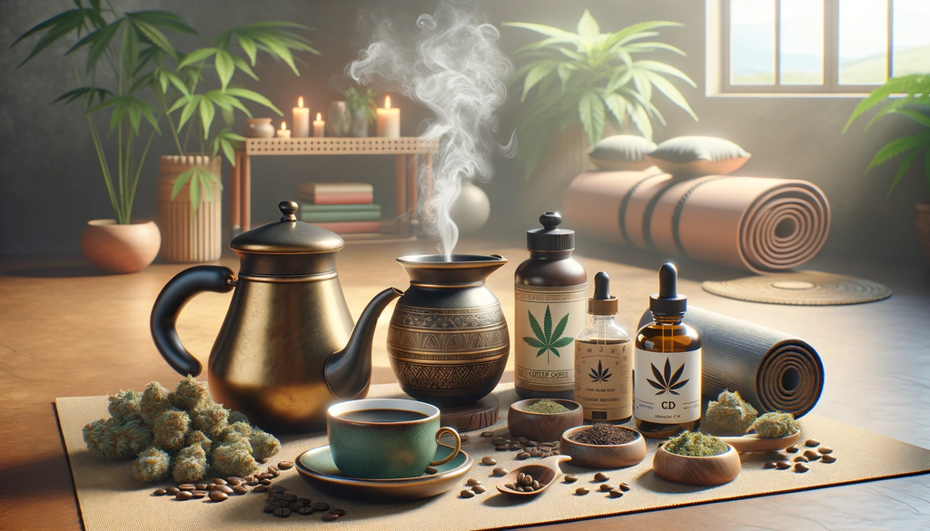 Image of Coffee and Cannabis on a mat with various other health products