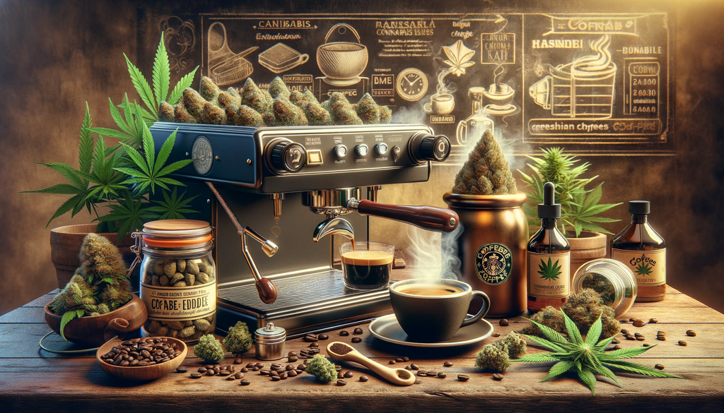 Image of a coffee maker and cannabis buds around it