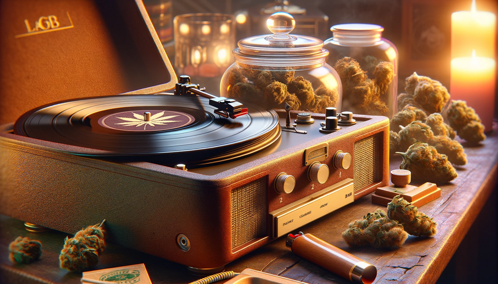 Image of a record player, cannabis and candles in the background