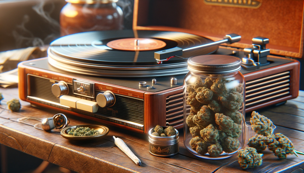 Image of a record player with Cannabis buds scattered around
