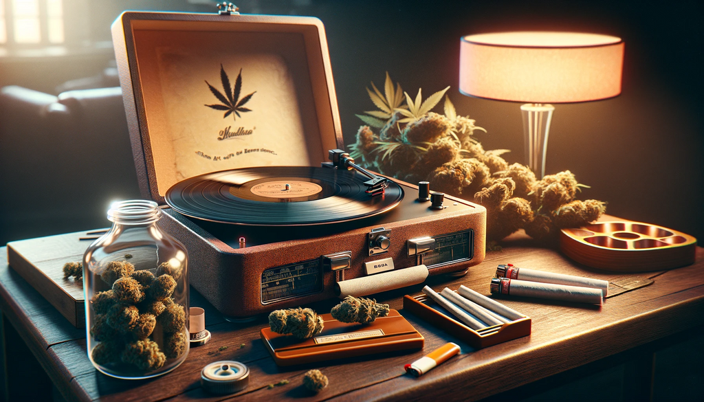 Image of a vinyl record playing with Cannabis and Cannabis accessiories