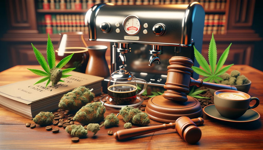 Image of coffee and cannabis with a law hammer