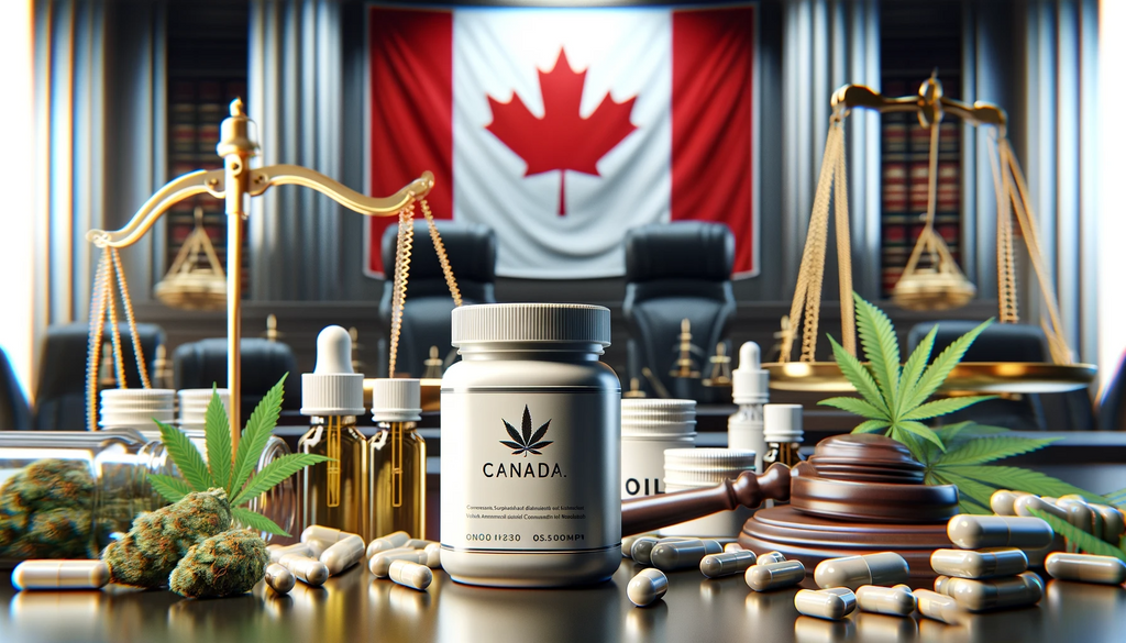 A legal looking setting with cannabis and a canadian flag