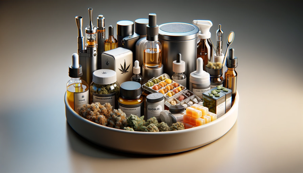 An image of different comsumption methods of cannabis such as vaping, edibles, capsules, and flower
