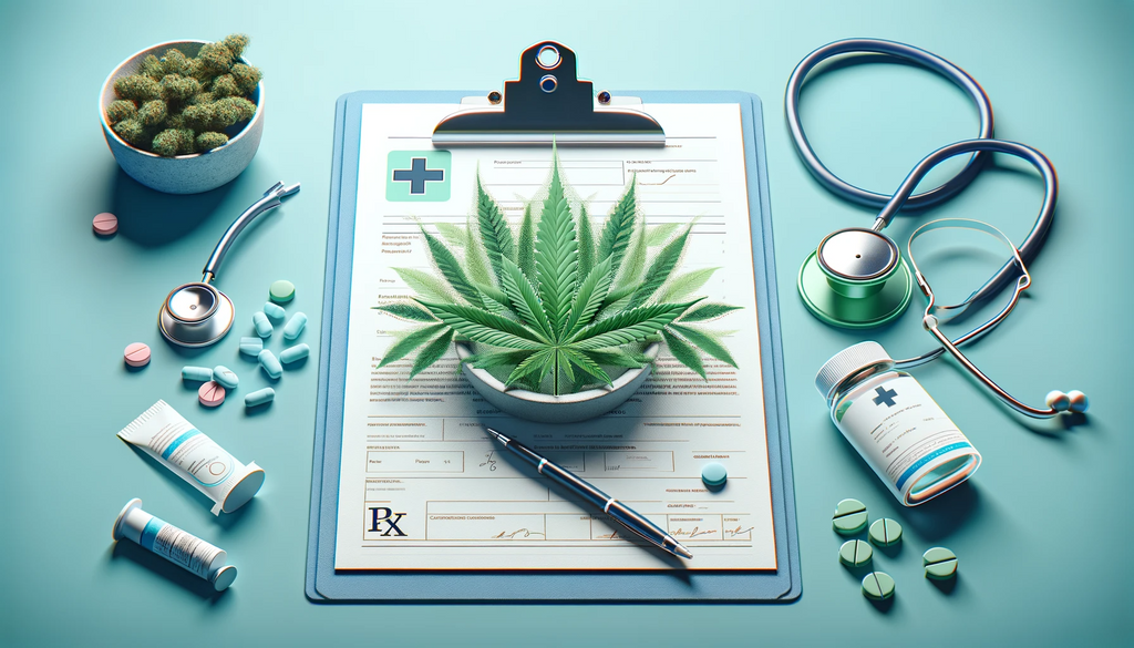 A medical setting with a clipboard and form with a cannabis leaf