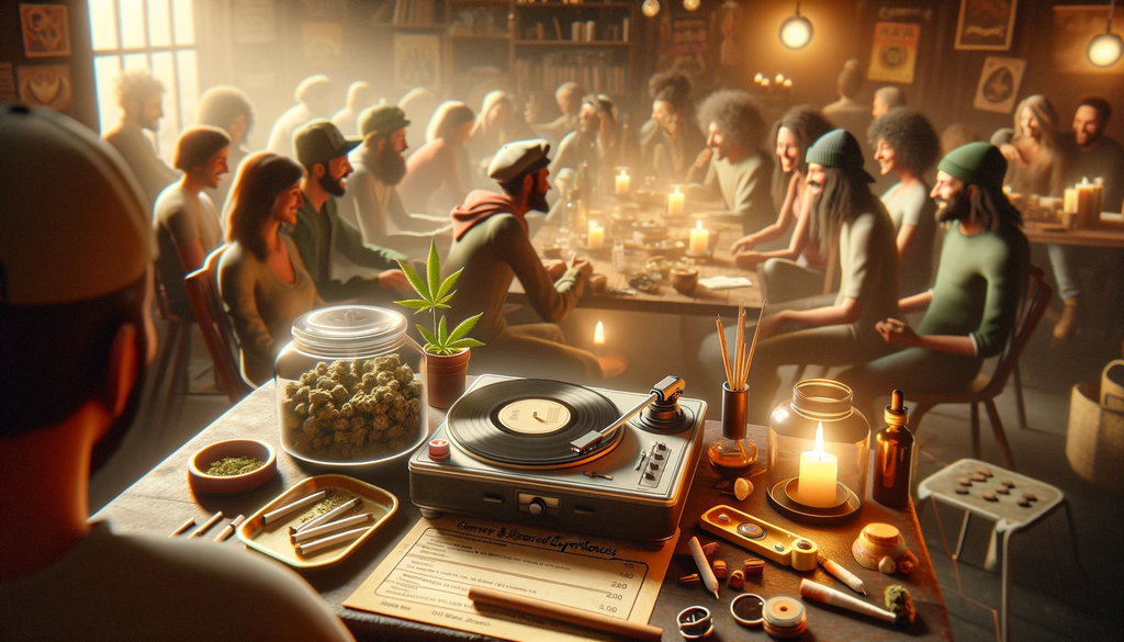 People sitting around enjoying vinyl records and cannabis