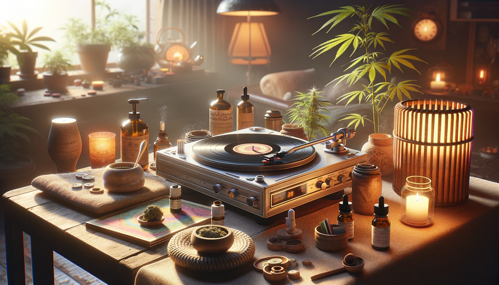 Record player on a table with cannabis and wellness products around