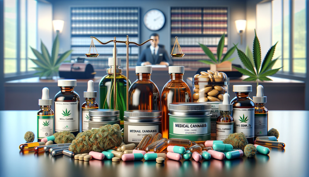 A selection of medical cannabis in different forms such as capsules, topicals, flowers and oils in an office setting with a man sitting at a desk