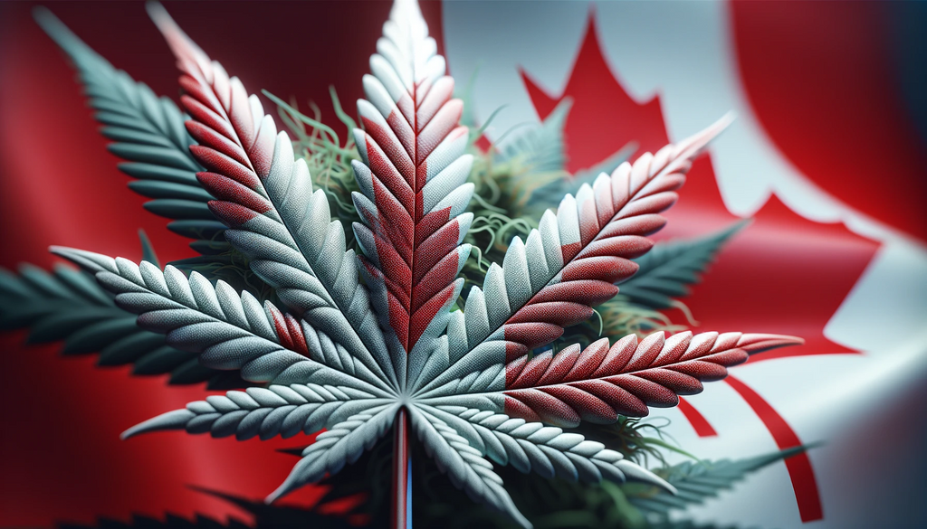 Red and White Cannabis Leaf with a Canadian flag in the background