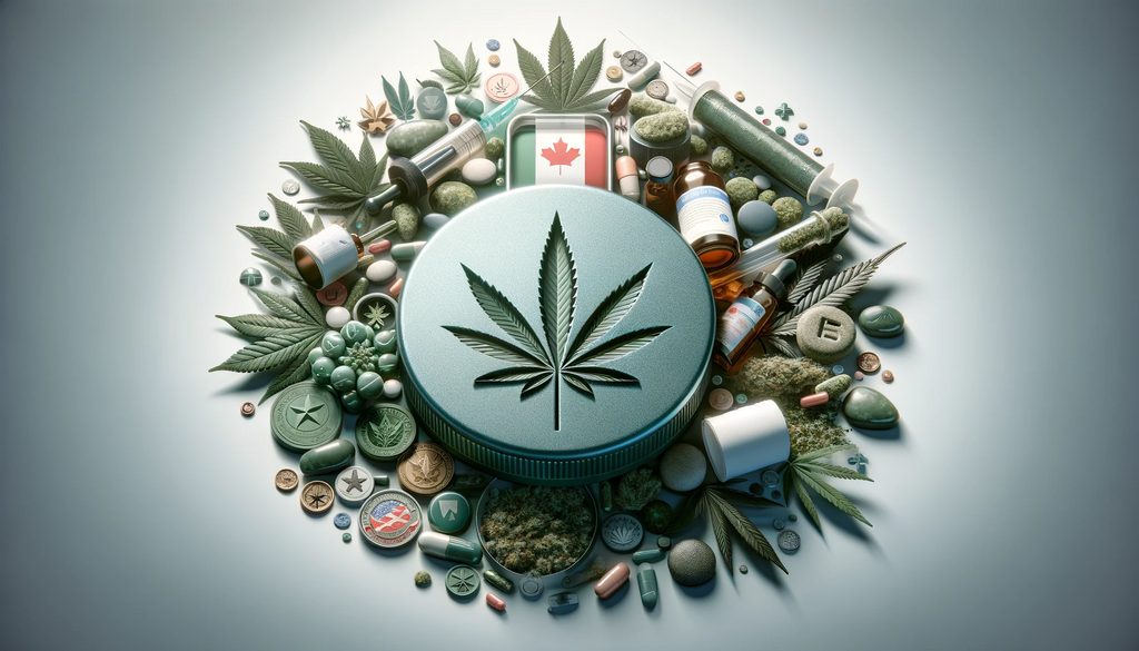 A cannabis leaf with medical cannabis products around