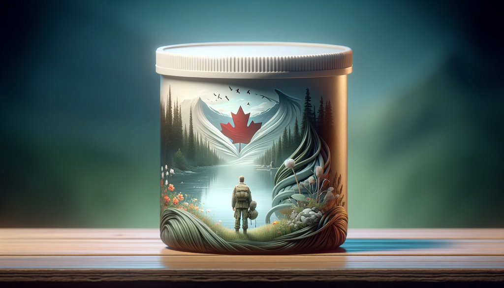 A Canadian Veteran on a CBD bottle looking at a lake and mountains with a Canadian Maple Leaf in the distance