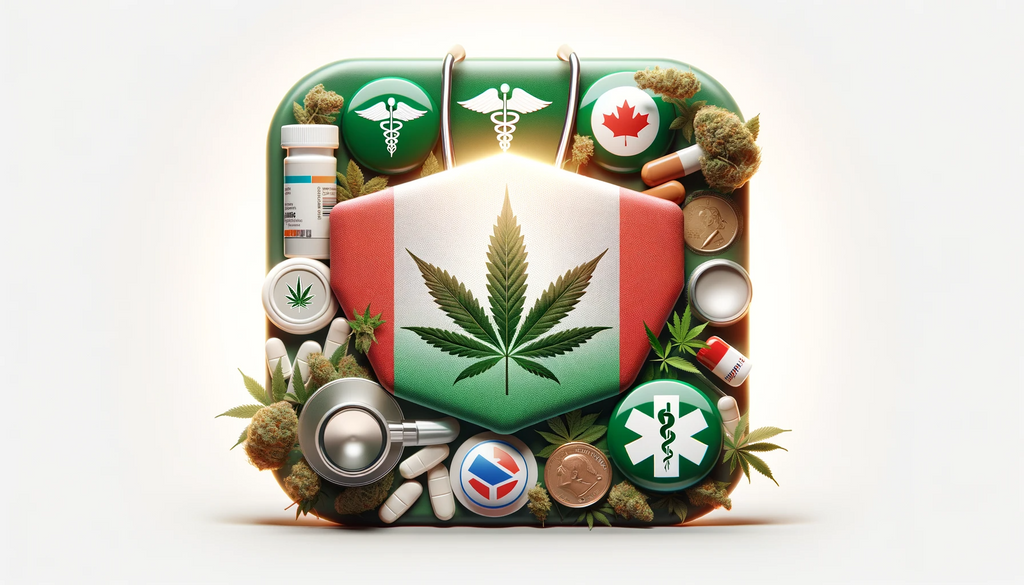 A Canadian cannabis flag and leaf surrounded by medical related products