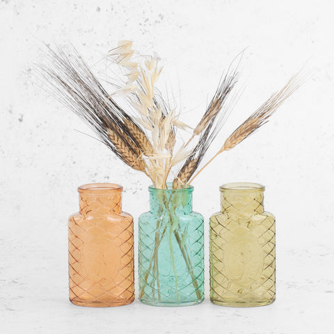 A collection of glass vases in different colours