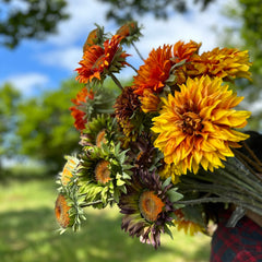 A group of different coloured, sized, and shaped faux sunflowers, displayed in a meadow against a bright, sunny sky