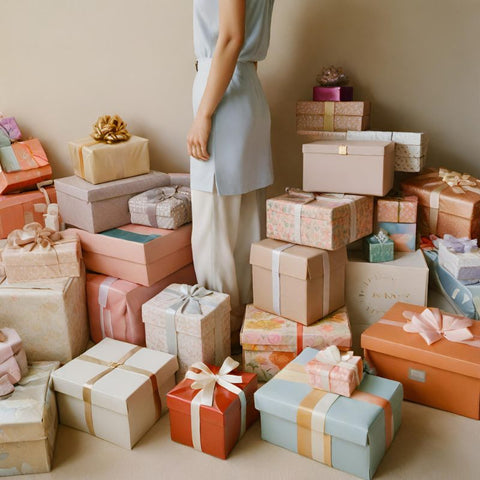 Eine Frau steht inmitten einer großen Auswahl an individuellen Geschenken