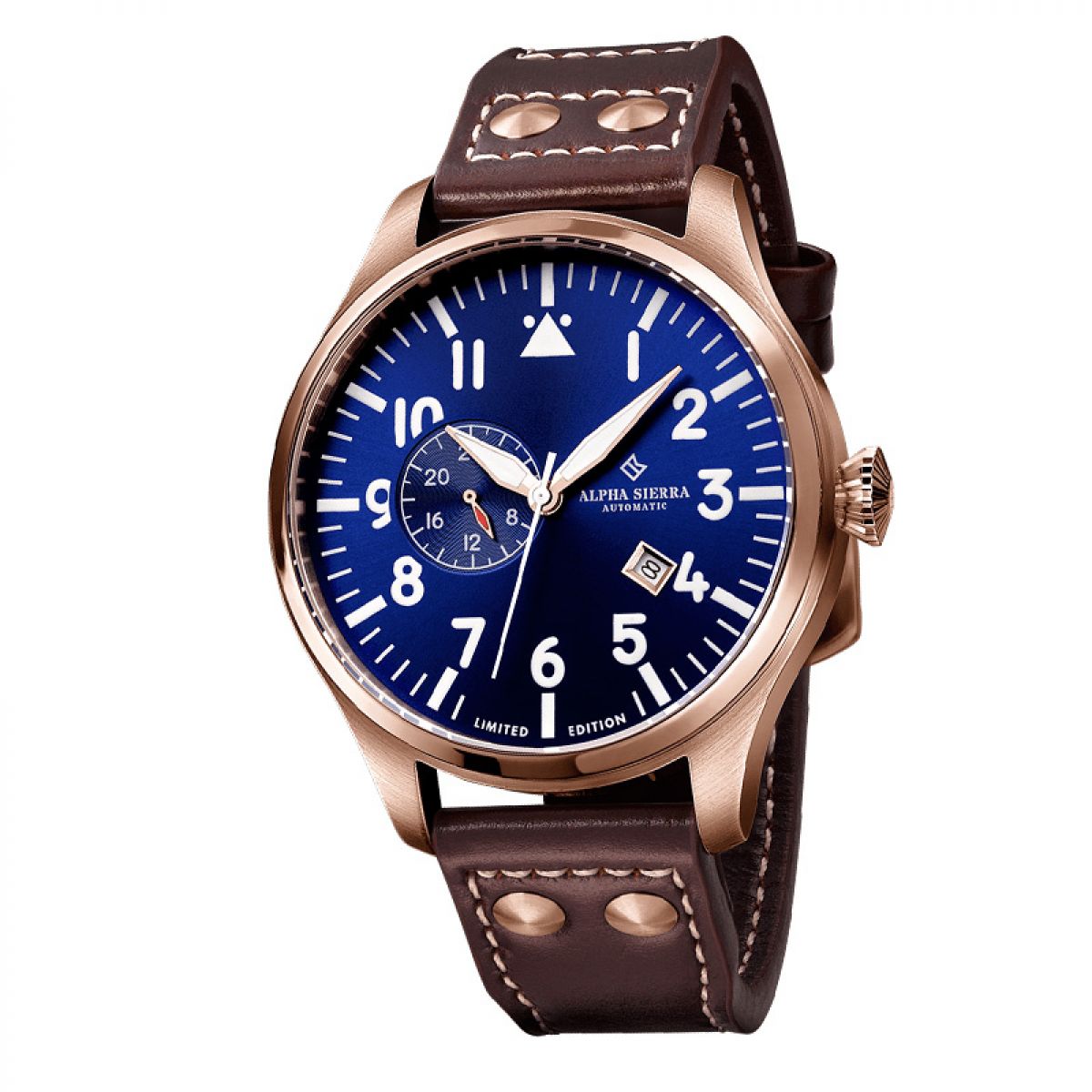 Alpha Sierra Automatic AM3 - Herenhorloge - Bruin leren band - Blauwe wijzerplaat - Ø 46.5 mm