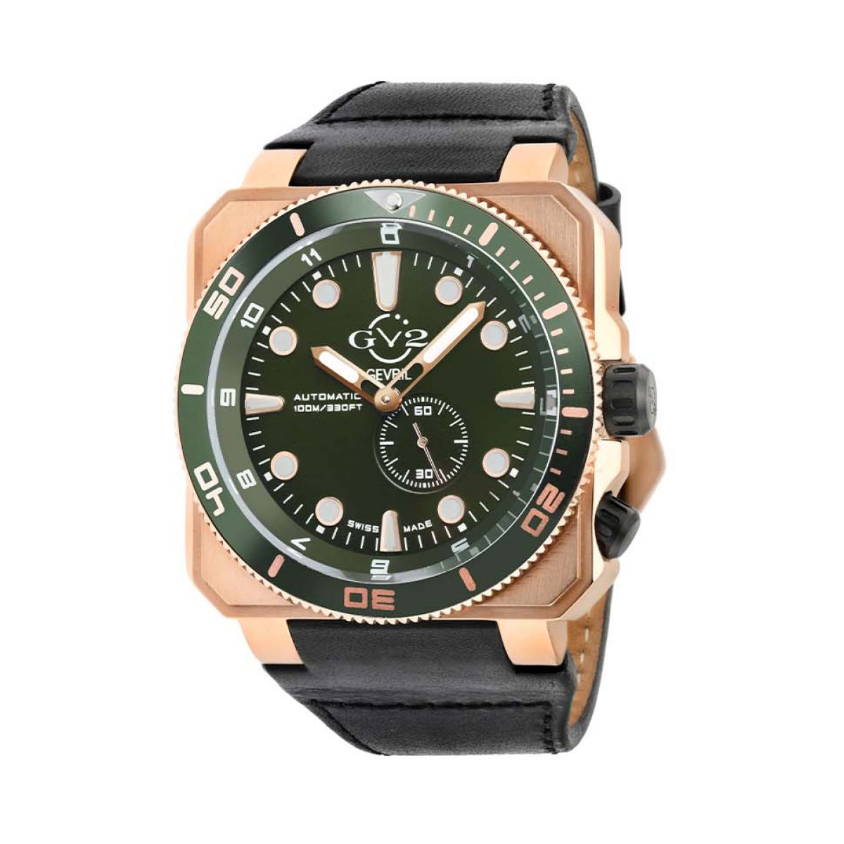 Gevril GV2 Automatic Men&apos;s XO Submarine Green Dial IP RG Case Black Calfskin Leather Watch 4533 Heren Horloge