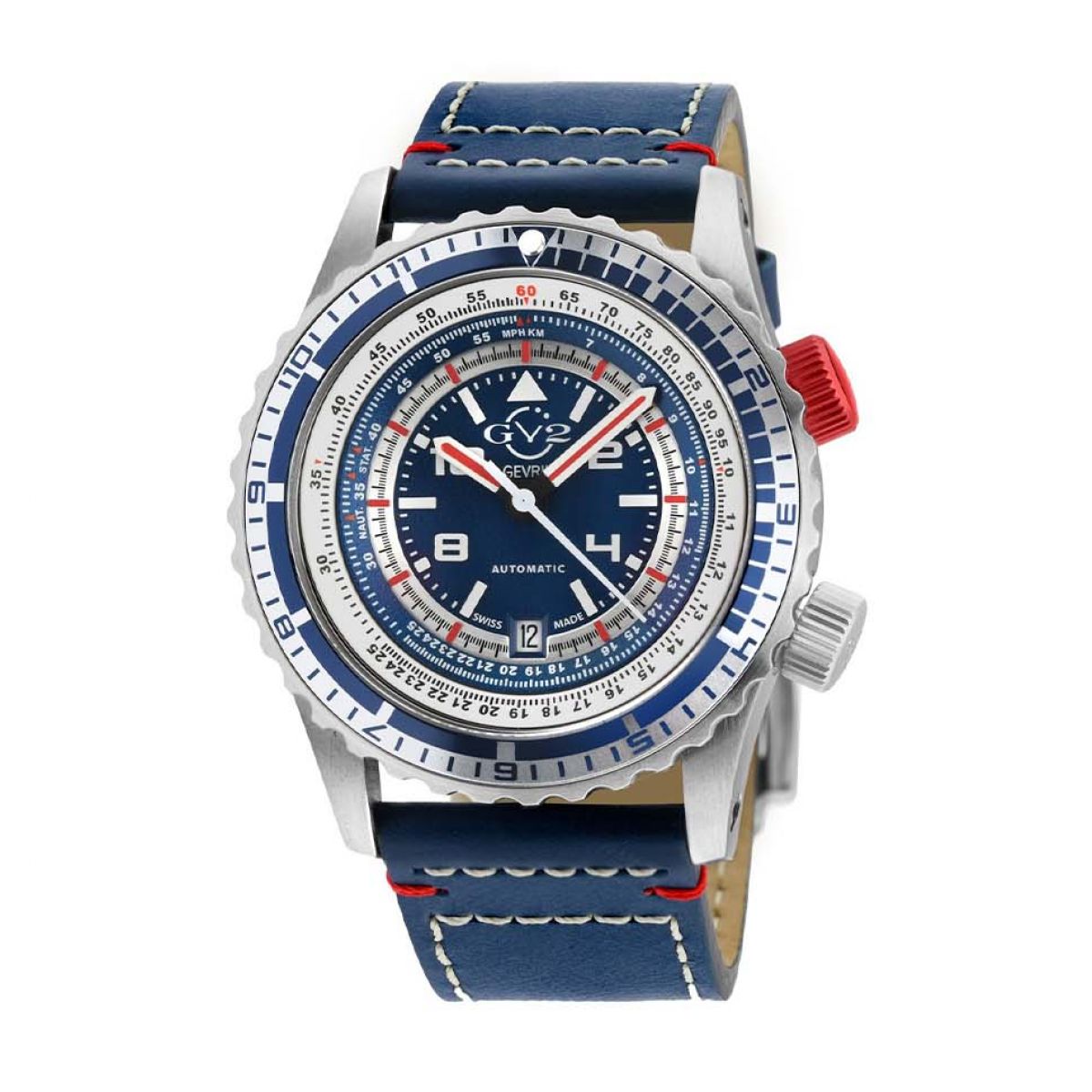 Gevril GV2 Contasecondi Men&apos;s Blue/Red Dial Blue Calfskin Leather Watch 3507 Heren Horloge