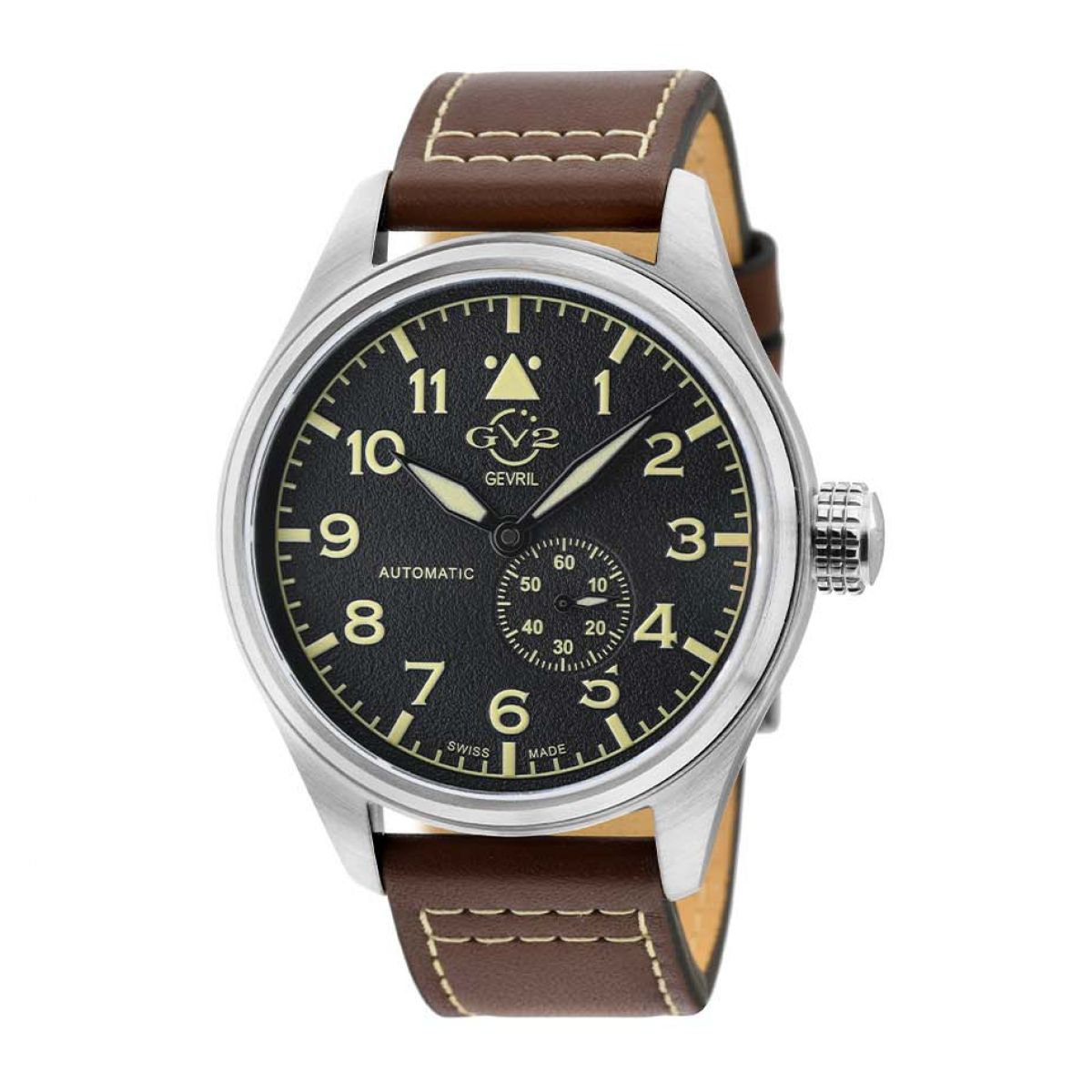 Gevril GV2 Men&apos;s Aeuronautica Black Dial Brown Calfskin Leather Watch 18001 Heren Horloge