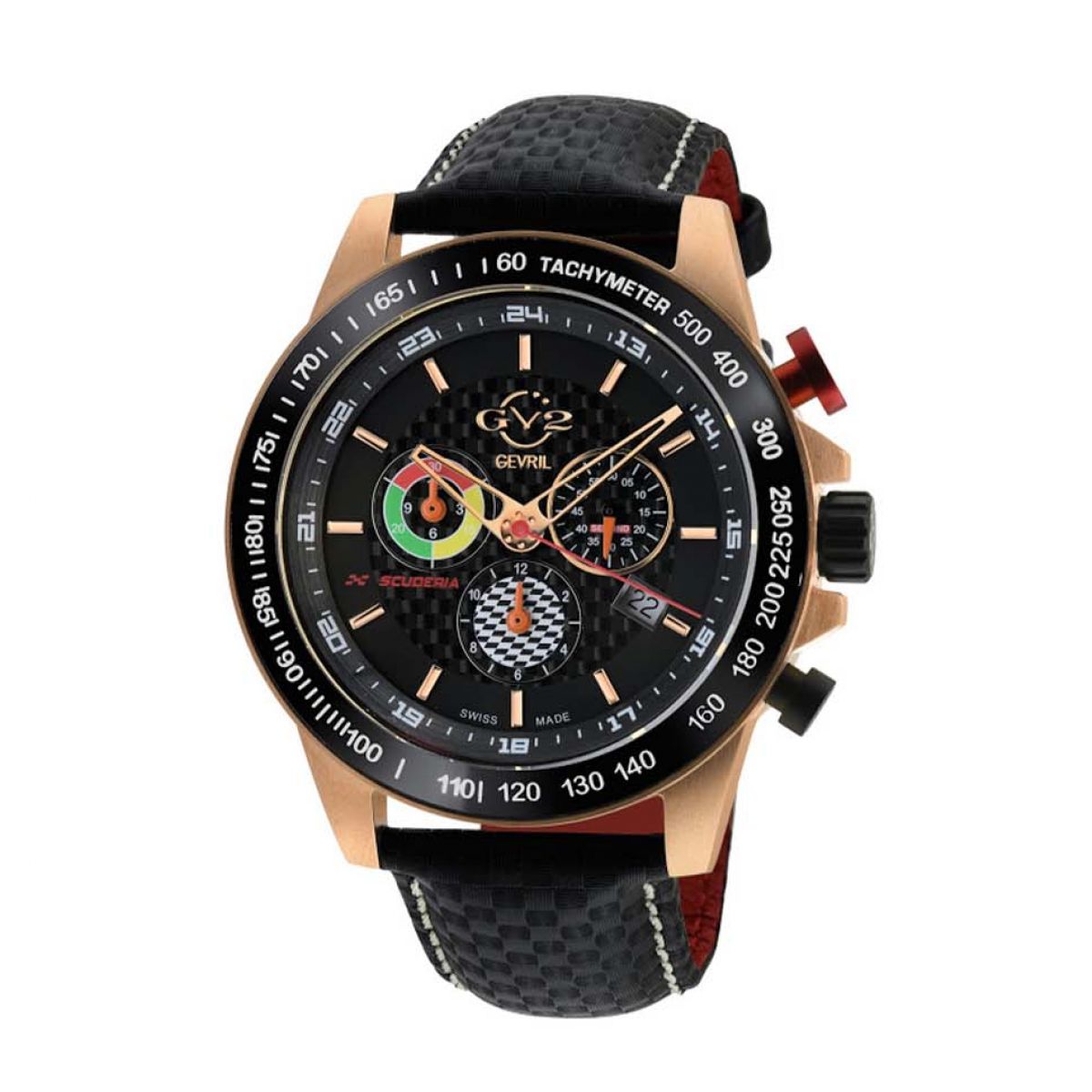 Gevril GV2 Men&apos;s Scuderia Black Dial Black Leather Chronograph Date Watch 9921