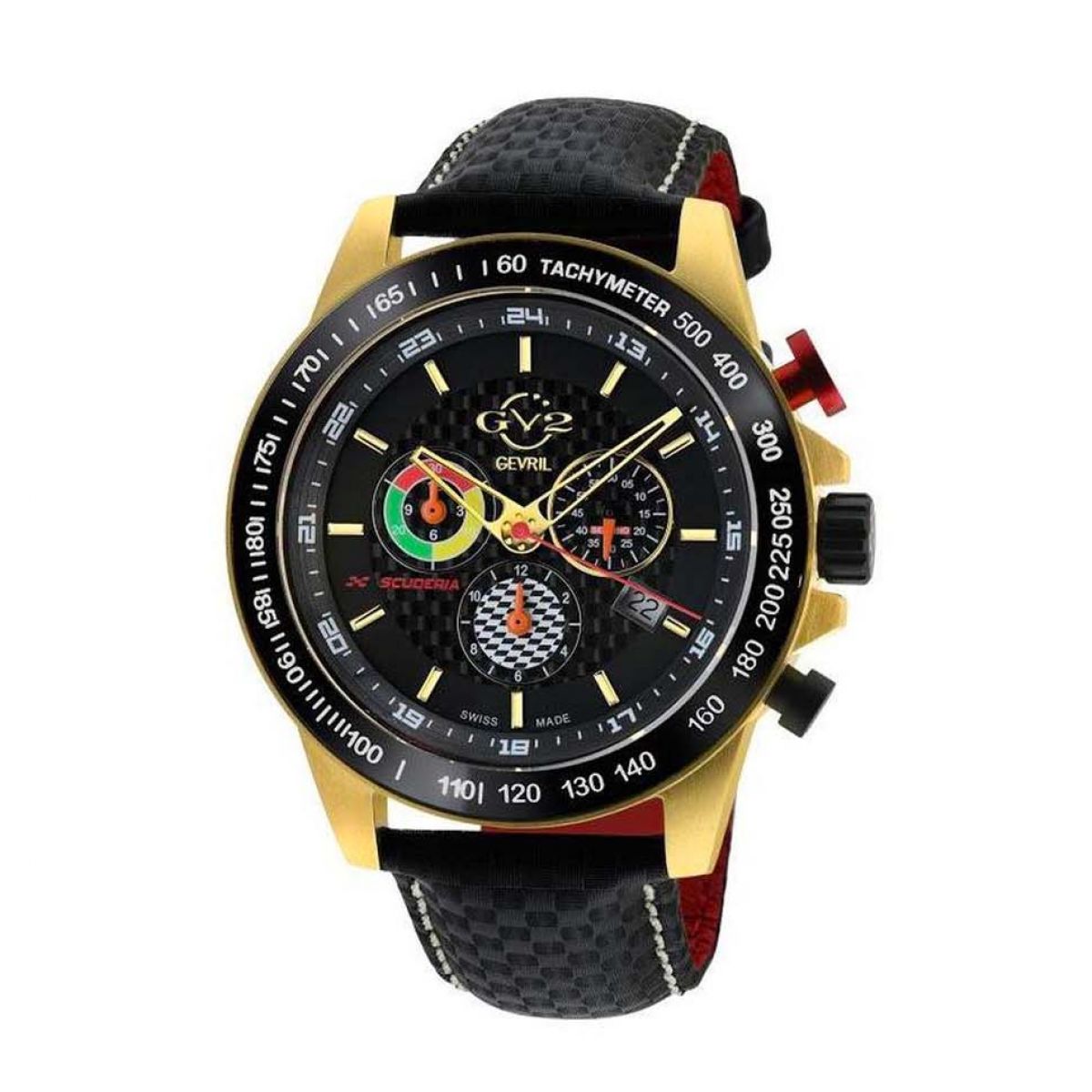 Gevril GV2 Men&apos;s Scuderia Black Dial Black Leather Chronograph Date Watch 9922