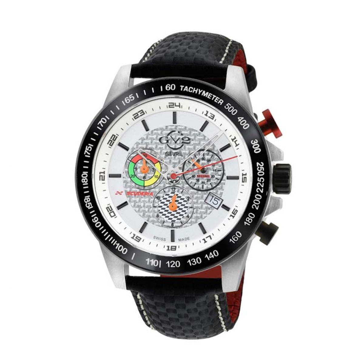 Gevril GV2 Men&apos;s Scuderia White Dial Black Leather Chronograph Date Watch 9920