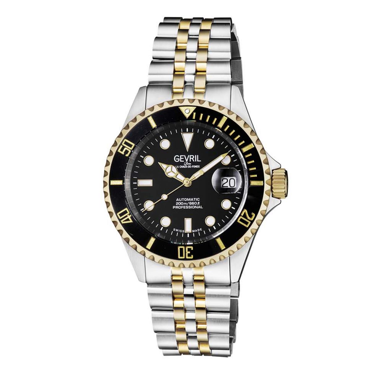 Gevril Men&apos;s Wall Street Black Dial Two Tone IP Gold Stainless Steel Bracelet Watch 4855B Heren Horloge