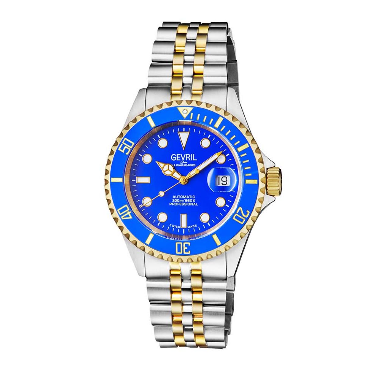 Gevril Men&apos;s Wall Street Blue Dial Two Tone IP Gold Stainless Steel Bracelet Watch 4856B Heren Horloge
