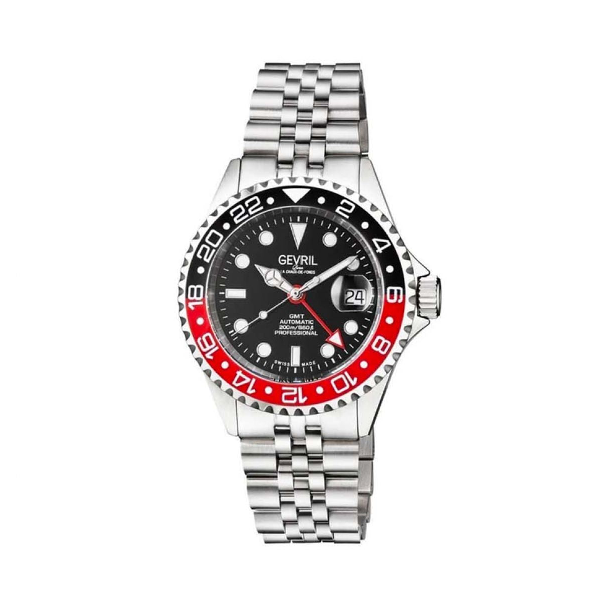 Gevril Men&apos;s Wall Street GMT Black Dial Ceramic BATMAN Stainless Steel Bracelet Watch 4954B Heren Horloge