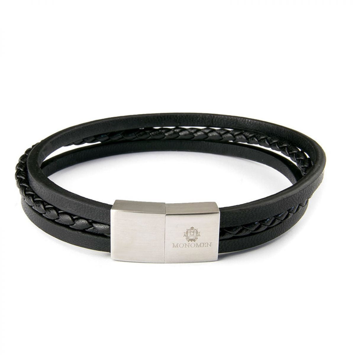 Monomen Men&apos;s Black Leather Triple Strap Silver Clasp Bracelet MM10792